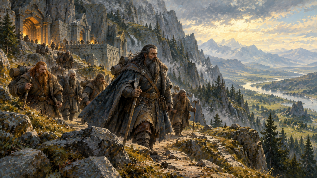Thorin Oakenshield and Dwarven companions traveling from their settlement in the Blue Mountains toward the lands of Eriador.