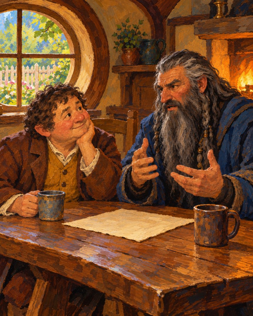 Thorin Oakenshield speaking with Bilbo Baggins inside Bag End as he remembers the lost prosperity of Erebor and Dale.