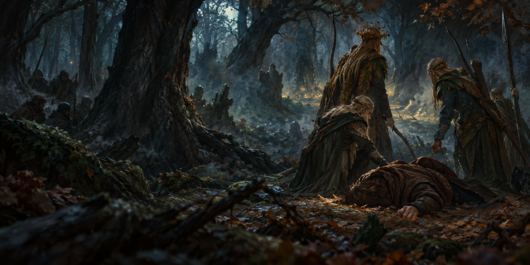 Thorin lying unconscious in Mirkwood as Wood-elves approach after he becomes separated from his companions