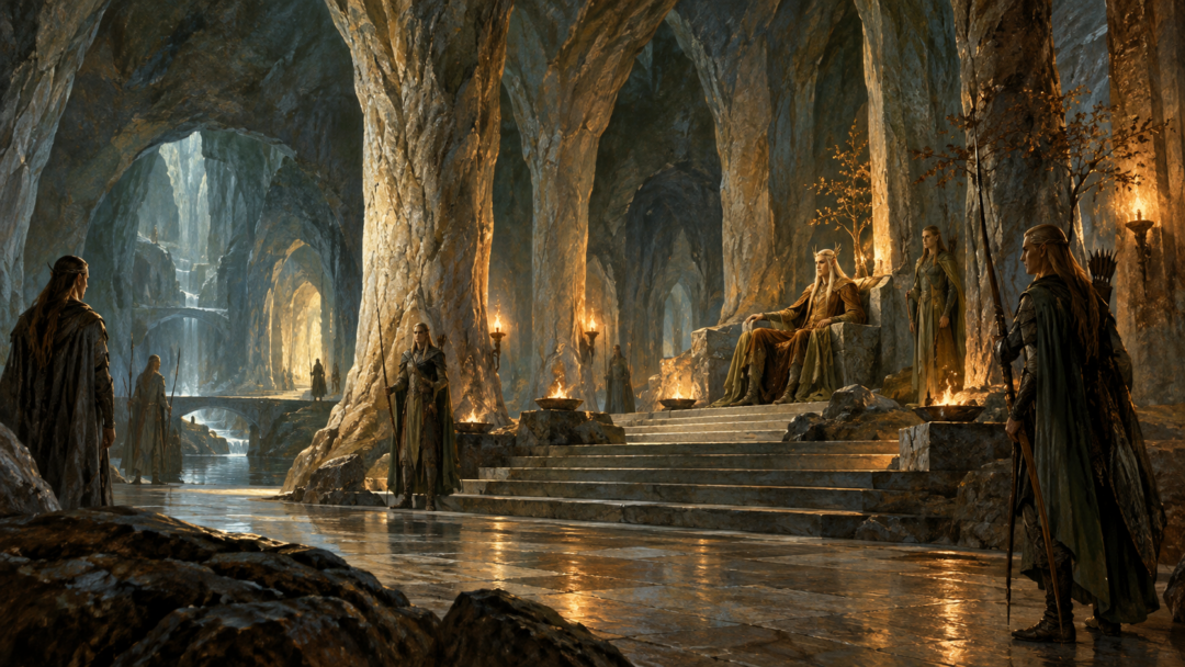 Thranduil seated in his underground throne hall among pillars carved from living rock, with Elven attendants and guards nearby.