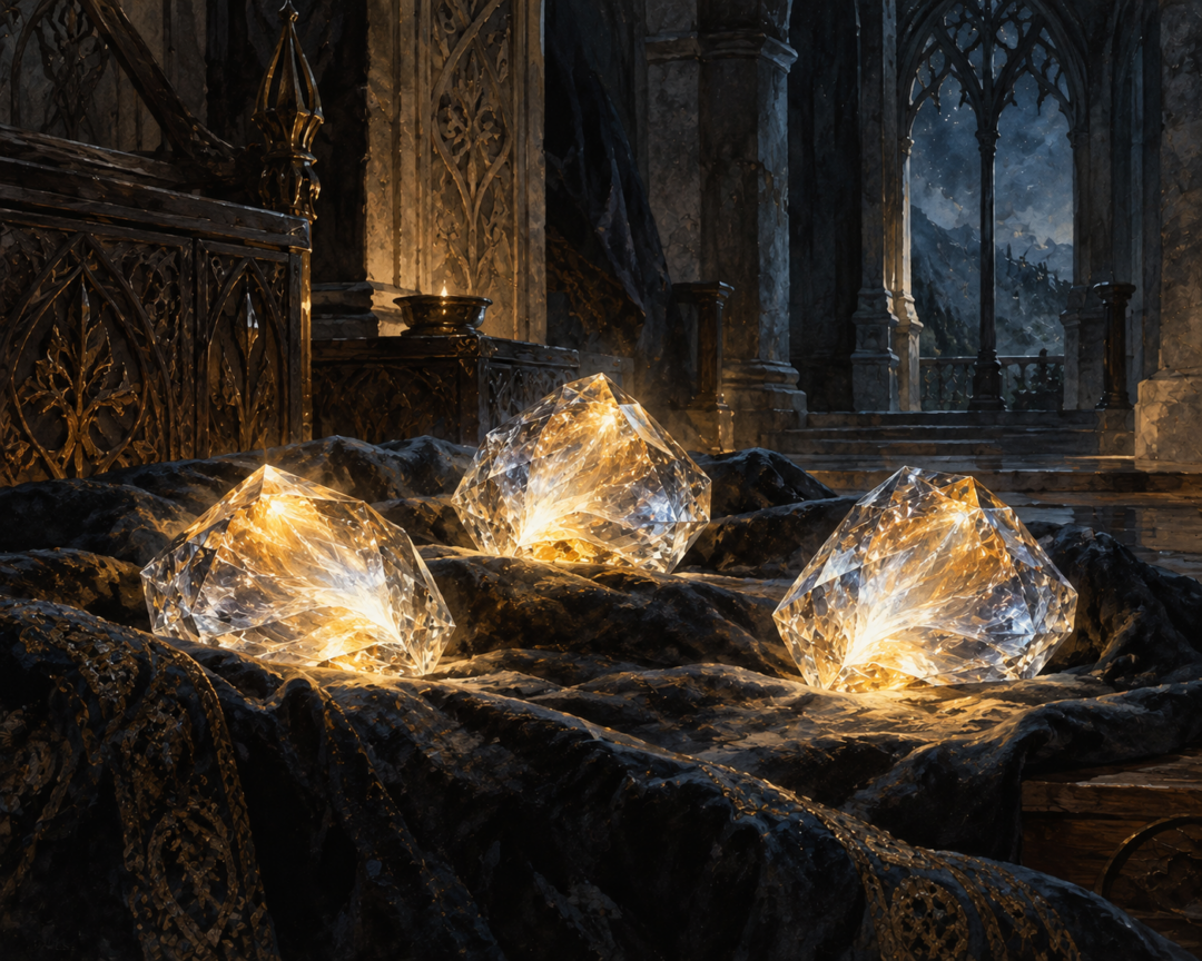 Three Silmarils shine with the preserved silver and golden light of Telperion and Laurelin inside a dark Elven treasure chamber.