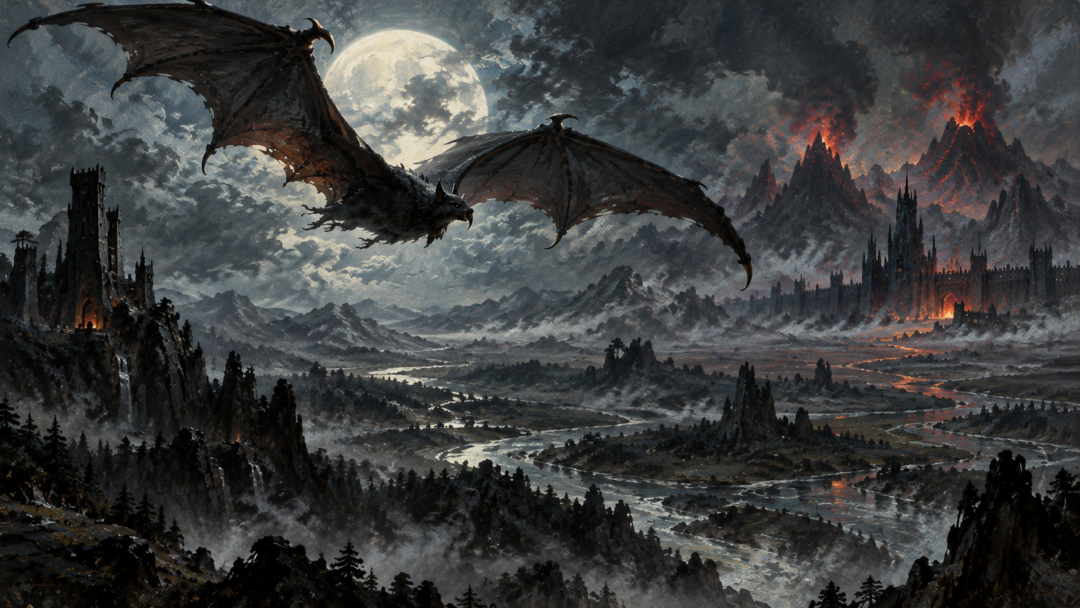 Thuringwethil, Sauron's great bat-shaped messenger, flies beneath the moon toward the distant fortress of Angband.