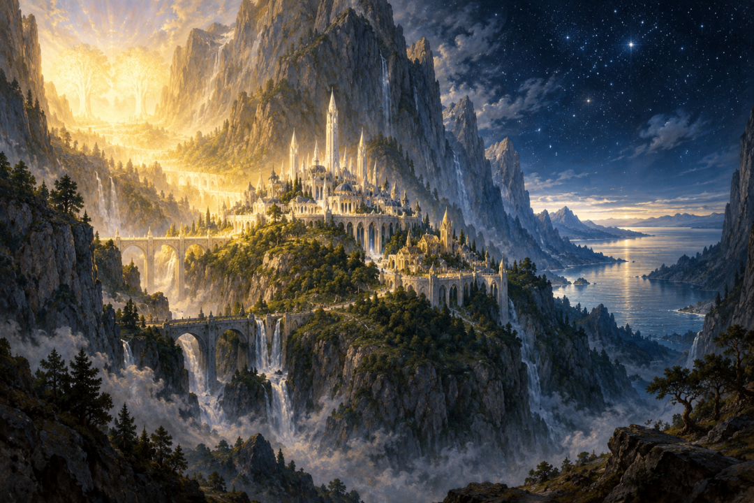Tirion upon Túna standing in the Calacirya between the light of Valinor and the starry Bay of Eldamar