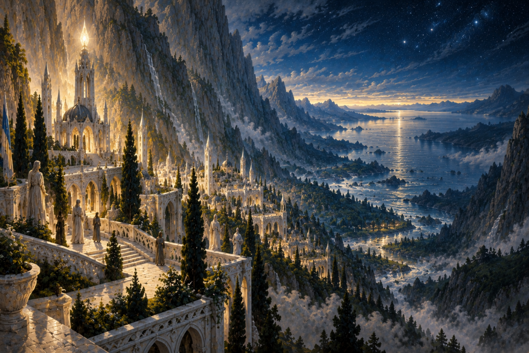 View from Tirion through the Calacirya toward the Bay of Eldamar and the stars beyond Aman