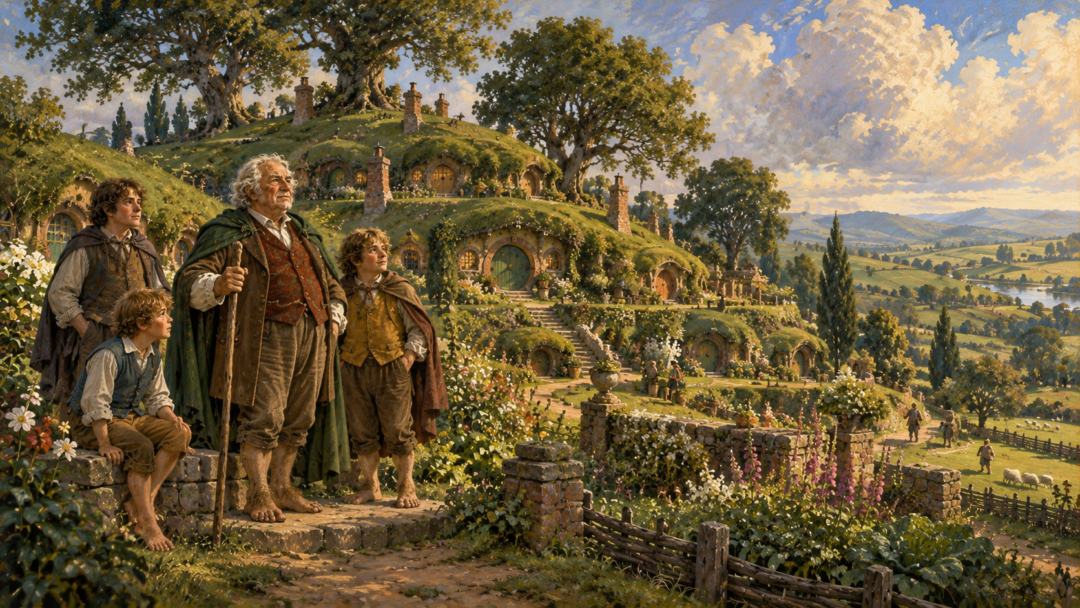 The Took family gathered outside the Great Smials in Tookland, with the Hobbit Thain and younger relatives representing generations of family tradition.