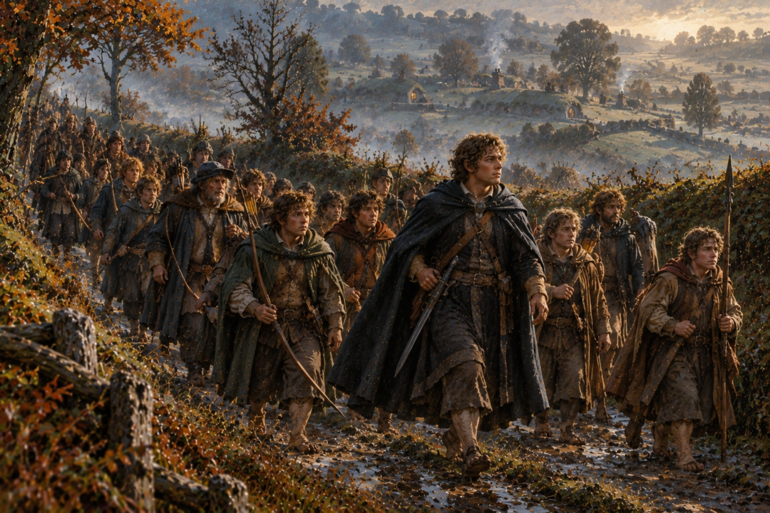 Peregrin Took leading a large company of Tooks toward the uprising that culminated in the Battle of Bywater.
