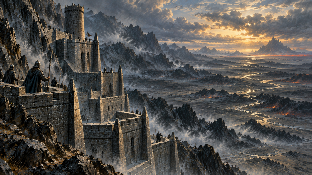 The Tower of Cirith Ungol during Gondor's watch over Mordor, with sentries on its eastward-facing bastions overlooking Gorgoroth.
