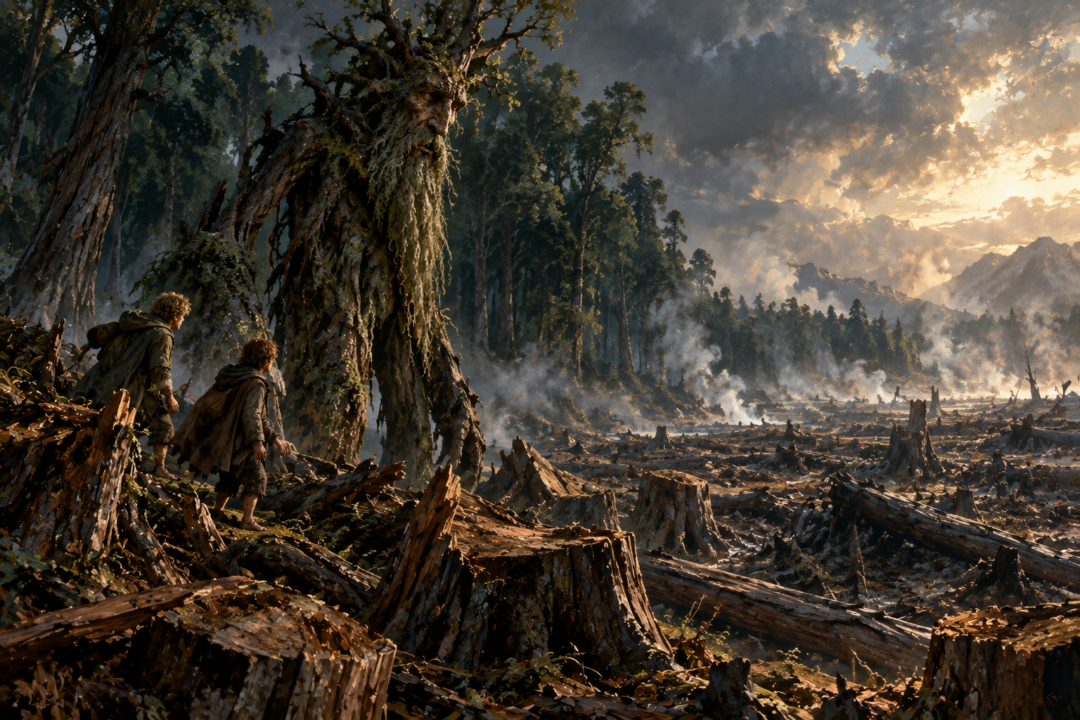 Treebeard with Merry and Pippin confronting trees felled by Saruman's servants at the edge of Fangorn.