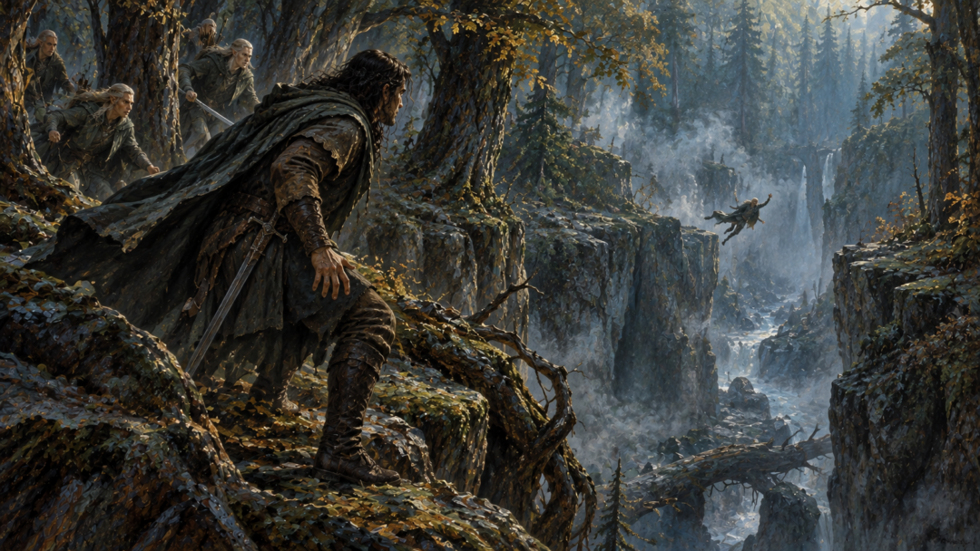 Túrin stands near a forest ravine as Saeros falls during the fatal pursuit, with Mablung approaching through the trees.