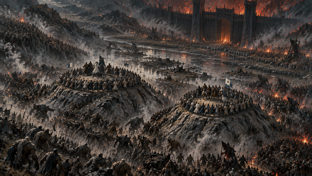 Western soldiers form outward-facing defensive rings around two slag-hills as Mordor's forces surround them at the Morannon.