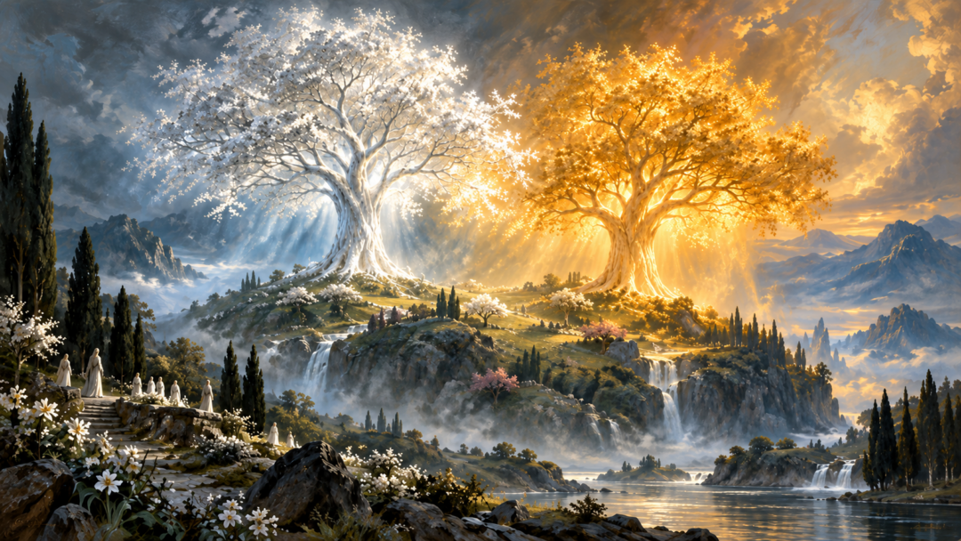 Telperion and Laurelin shining with silver and golden light across the green hills of Valinor.