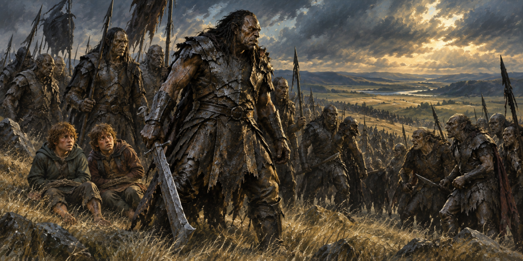 Uglúk asserts his authority over Merry and Pippin while Isengard Uruks and resentful Orcs from other factions stand nearby.