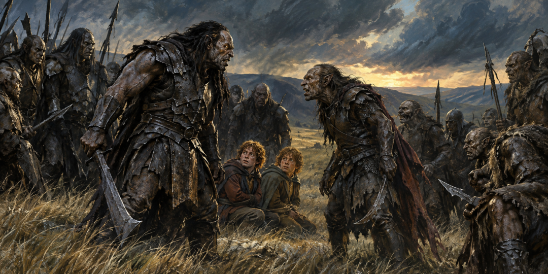 Uglúk and Grishnákh confront each other over the captured Merry and Pippin as rival Orc companies gather on the plains of Rohan.