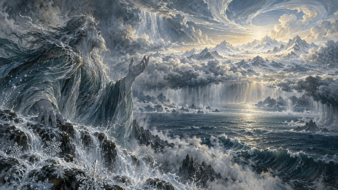 Ulmo marvels at visionary oceans, falling rain, and snow-covered mountains revealed through the Music of the Ainur.