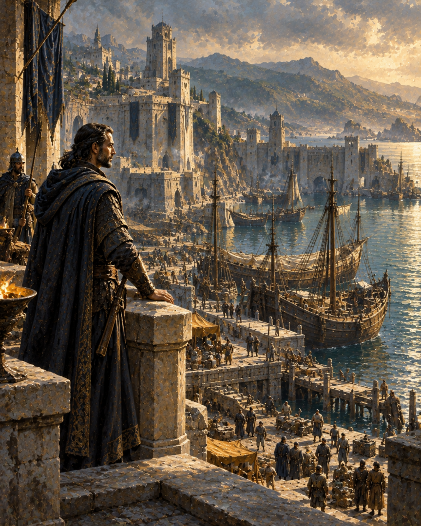 A powerful Númenórean coastal stronghold inspired by Second Age Umbar, with sailing ships, stone fortifications, and a commanding lord overlooking the harbour.