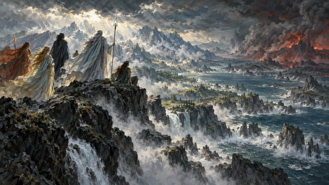 The Valar survey the unfinished mountains and valleys of primordial Arda while distant volcanic darkness suggests Melkor's opposition.