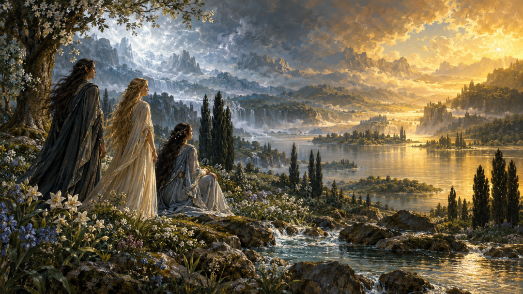 Elves in ancient Valinor watching the silver light of Telperion mingle with the golden light of Laurelin beside a quiet stream.