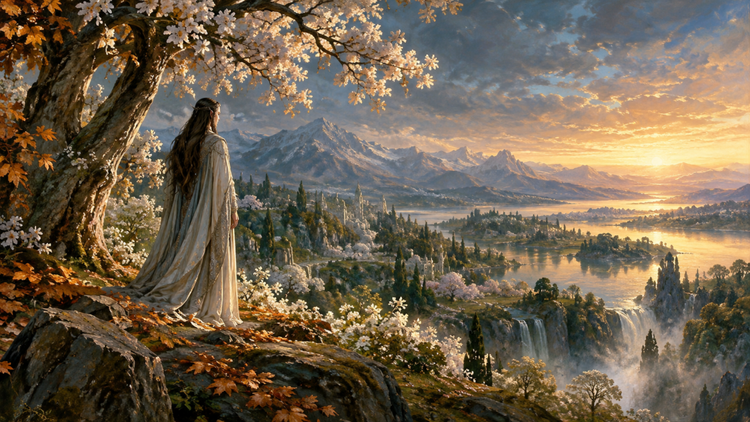 An Elven scholar contemplating the passage of long years from a hillside overlooking the starlit mountains and gardens of Aman.