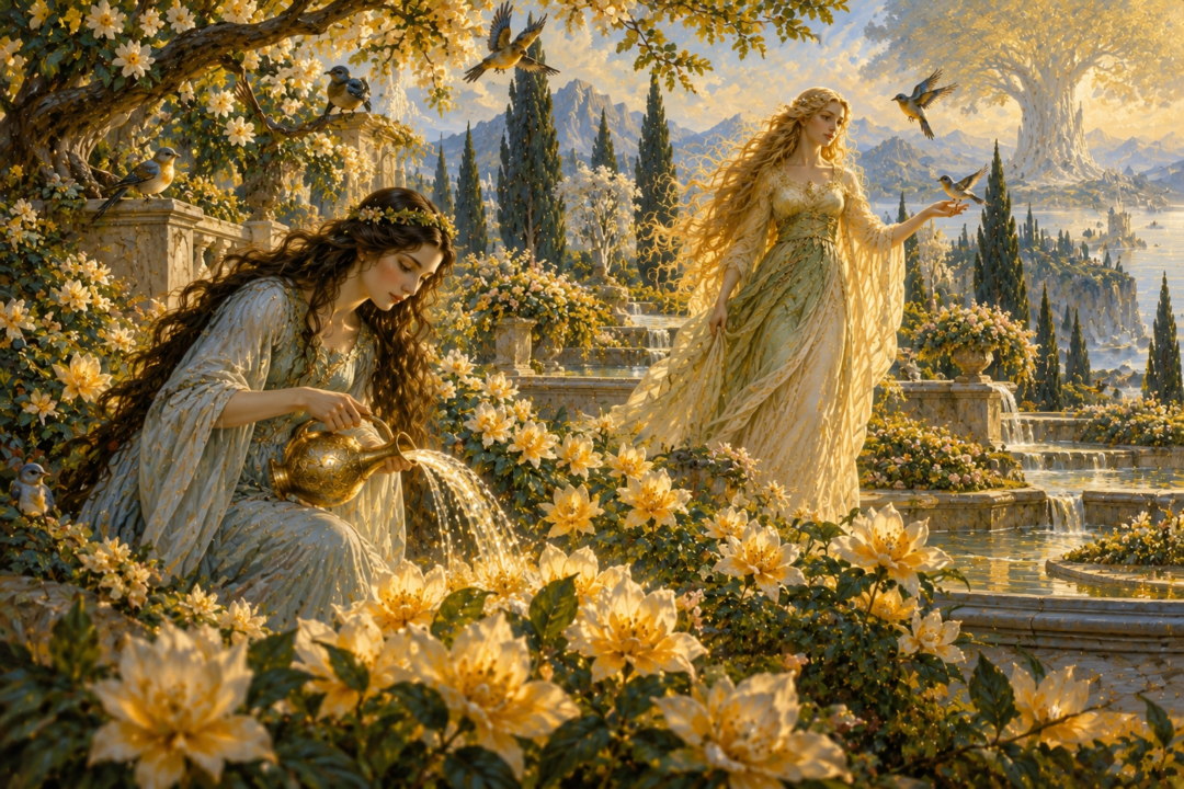 Arien tending golden flowers in Vána's garden during the Years of the Trees in Valinor.