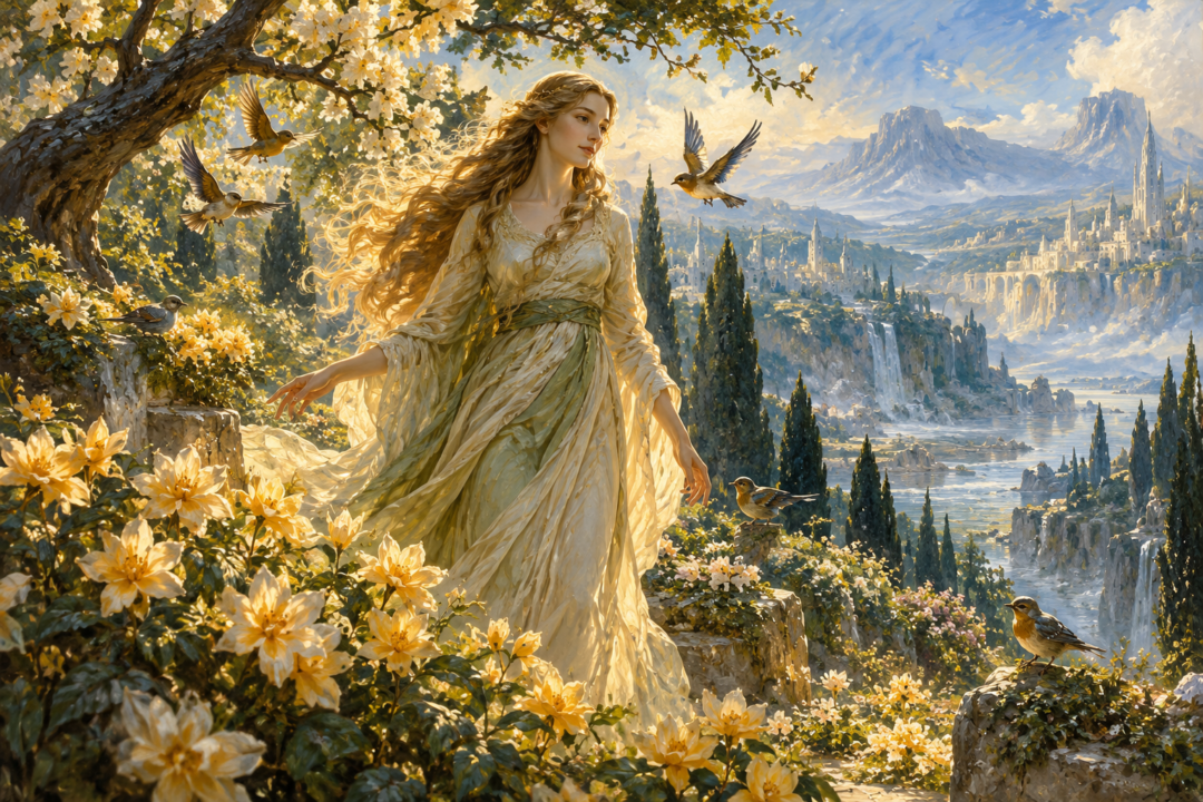 Vána the Ever-young walking through a Valinor garden as flowers open and birds sing around her.