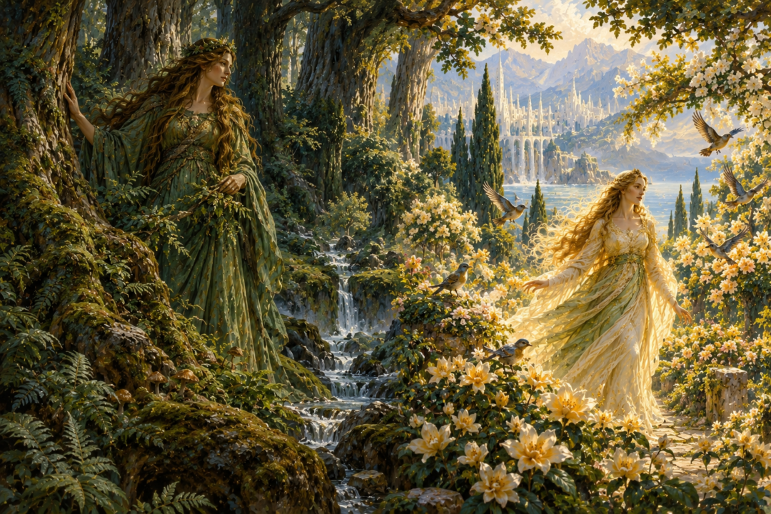 Yavanna among ancient woodland and Vána among opening flowers and singing birds in Valinor.