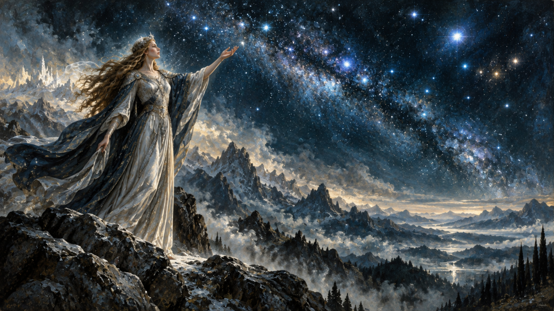 Varda Elentári stands beneath a brilliant star-filled sky, representing the celestial lights first beheld by the Elves.