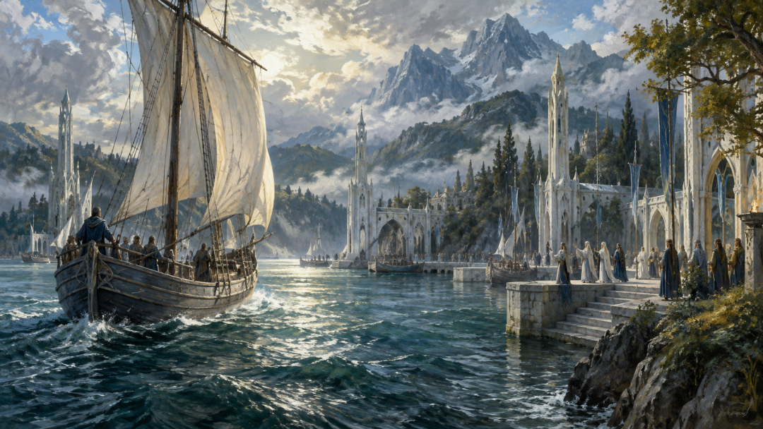 Vëantur's Númenórean ship Entulessë entering the Grey Havens of Lindon beneath the distant Blue Mountains in Second Age 600.