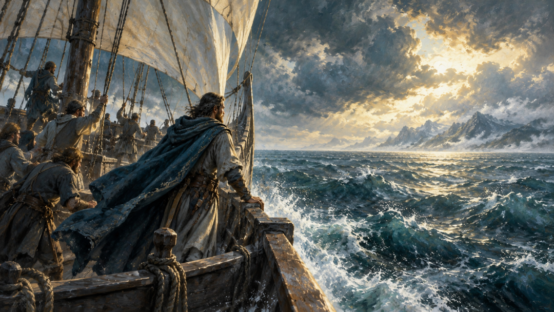 Vëantur standing aboard Entulessë as Númenórean mariners sail across the Great Sea toward Middle-earth.
