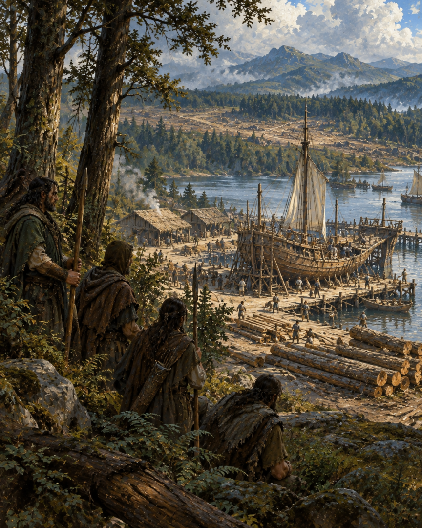 Númenórean shipbuilders working with timber at Aldarion's haven of Vinyalondë while local forest-dwellers observe the expanding settlement.