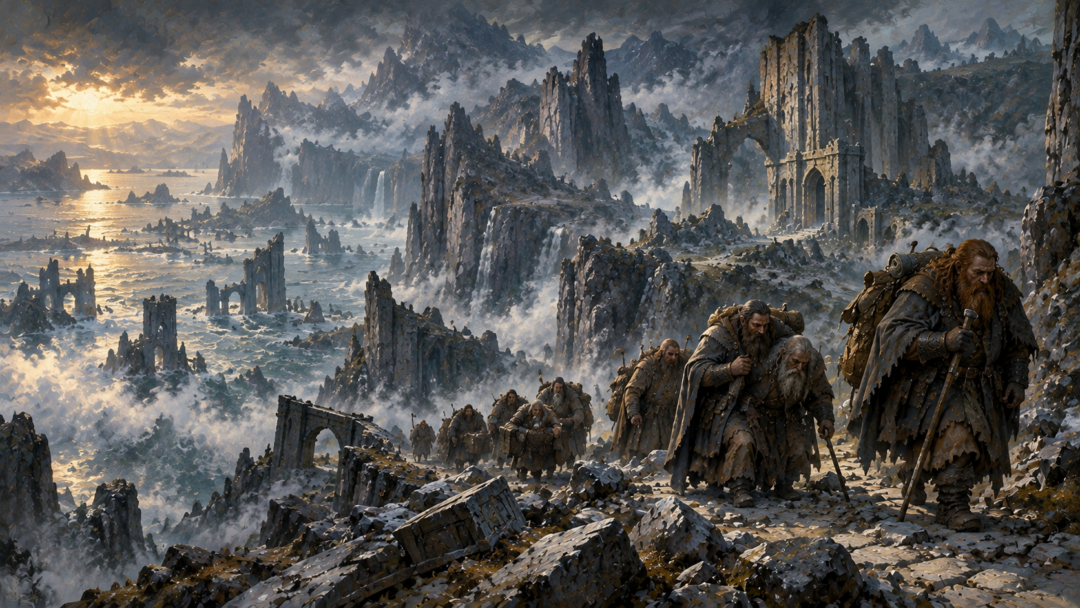 Dwarven survivors leaving the ruined Blue Mountains after the War of Wrath as the sea enters the shattered western landscape.