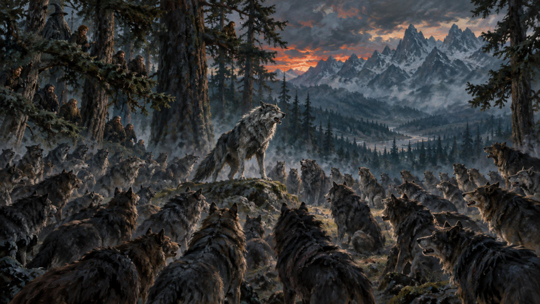 A great grey Warg chieftain addresses a gathering of intelligent wolves beneath pine trees while Bilbo, Gandalf, and the dwarves hide above.