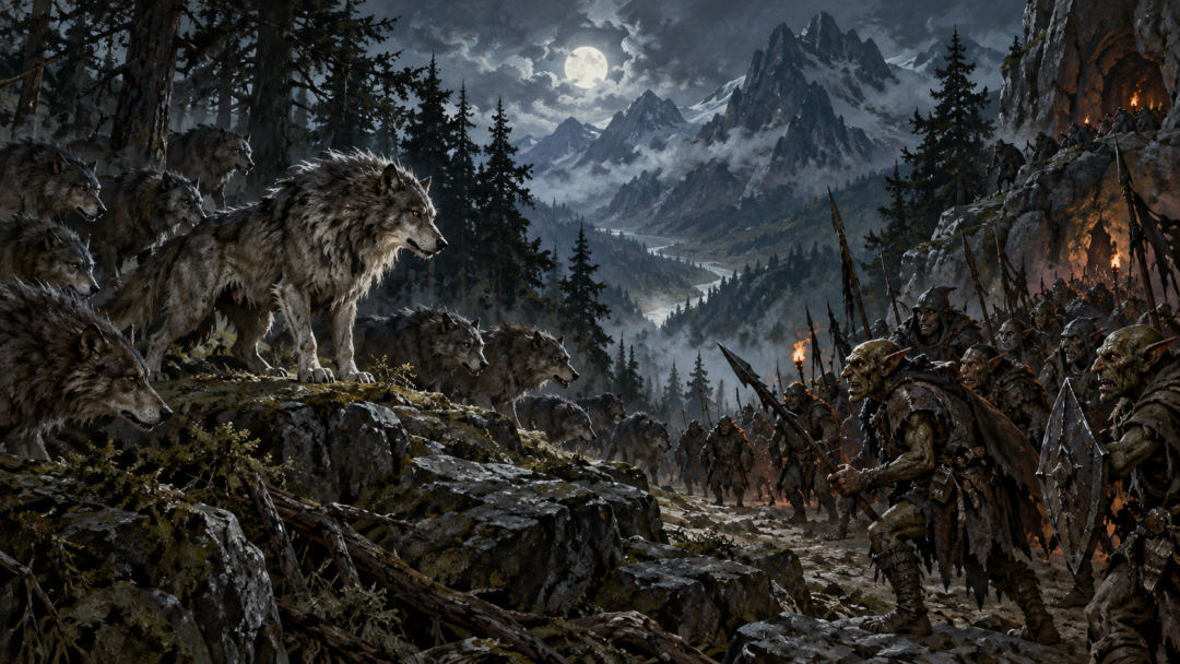 A pack of Wargs gathers independently as armed goblins approach their woodland meeting place beneath the Misty Mountains.