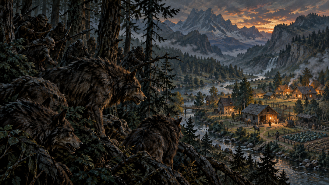 Wargs and goblins watch a peaceful woodland village from the shadows before their planned nighttime raid.