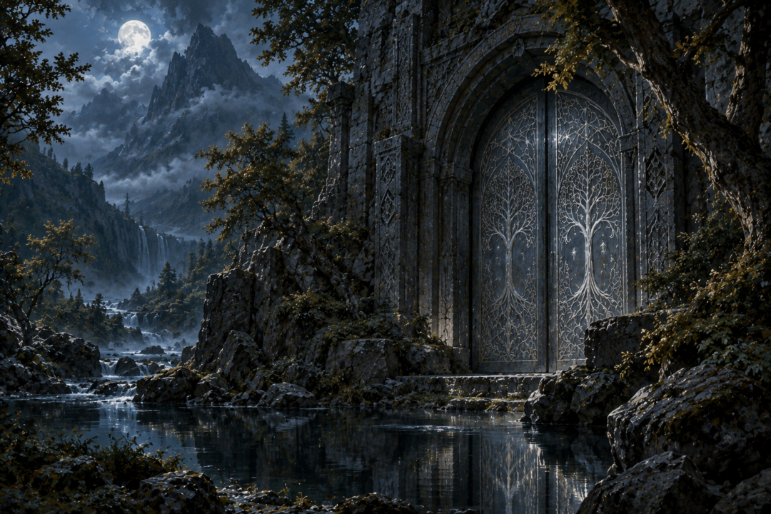 The deserted West-gate of Moria under moonlight long after the friendship of Eregion and Khazad-dûm ended