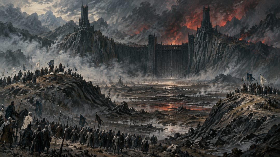 The Host of the West forms on two slag-hills before the Black Gate with the foul mire between the army and Mordor.
