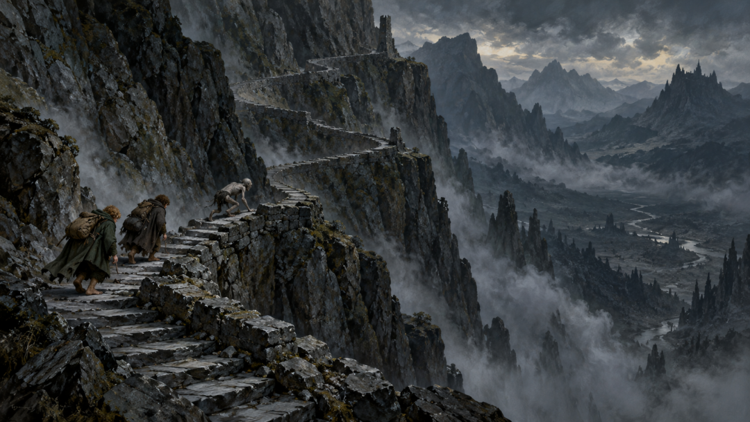 The Winding Stair zigzags across an exposed mountainside as Frodo, Sam, and Gollum climb high above the Morgul Valley.