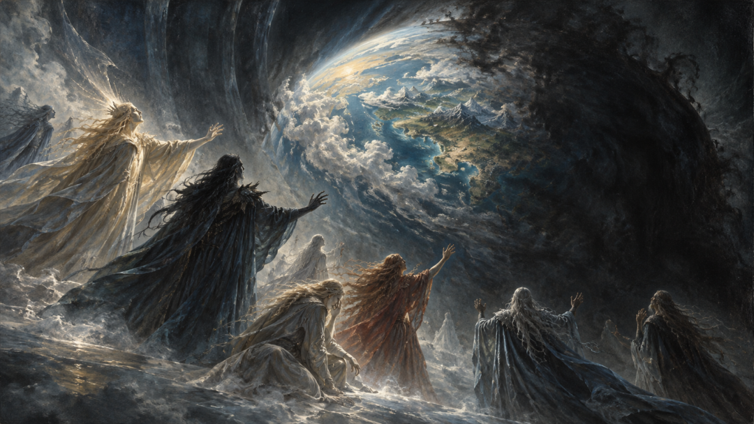 The Ainur watch in astonishment as the Vision of the World fades into darkness before its history is complete.