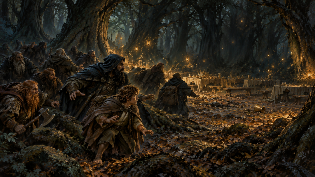 The Elven feast lights suddenly disappear as Bilbo and the Dwarves enter a dark woodland clearing in Mirkwood.