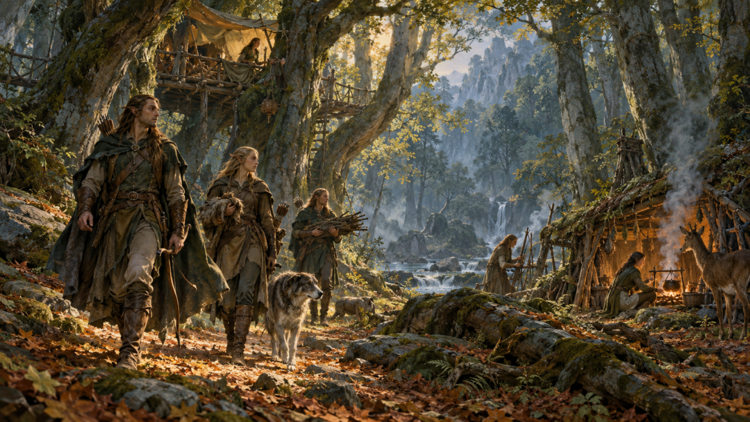 Wood-elves moving between simple woodland homes beneath tall beech trees in Mirkwood, with a modest dwelling among the branches.