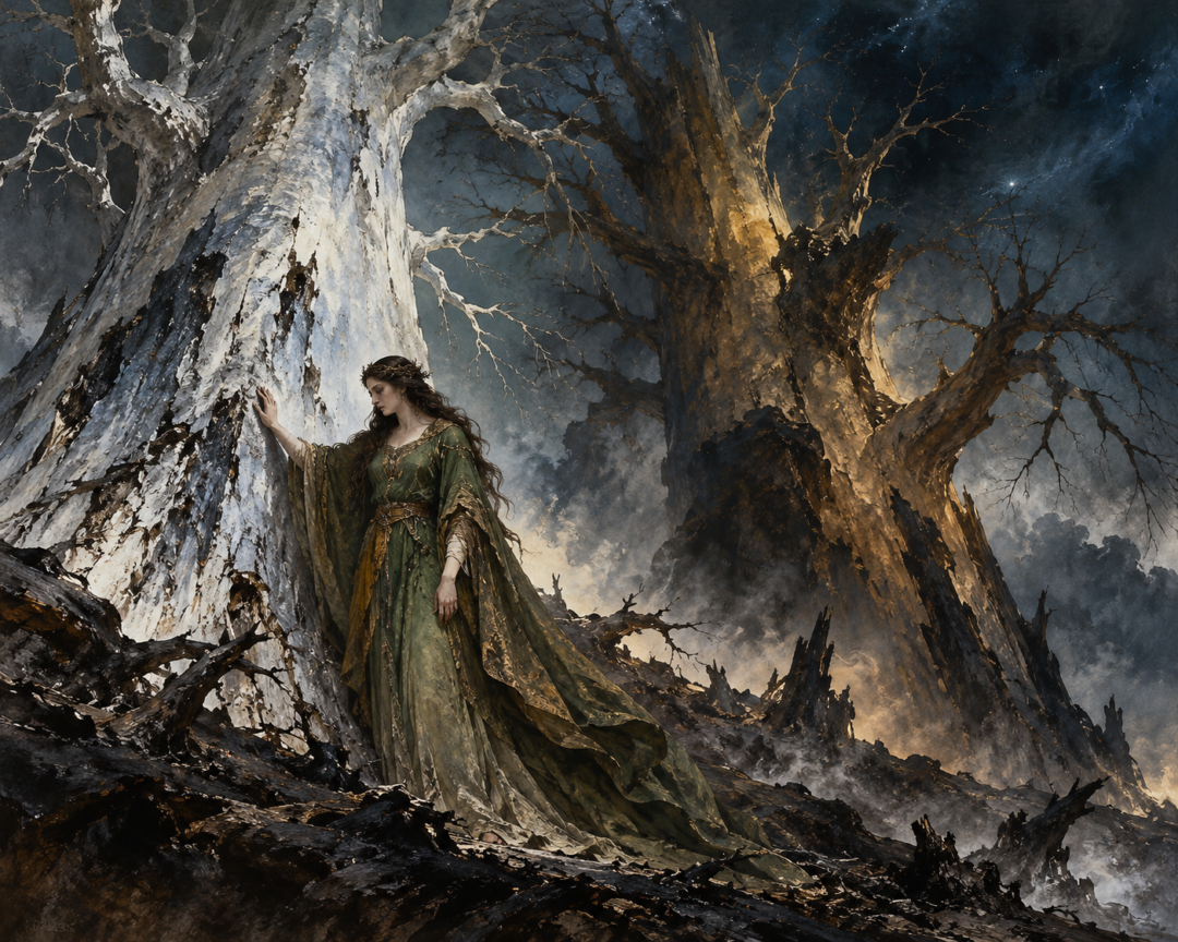 Yavanna touches the lifeless Two Trees of Valinor on the blackened mound of Ezellohar after their destruction.