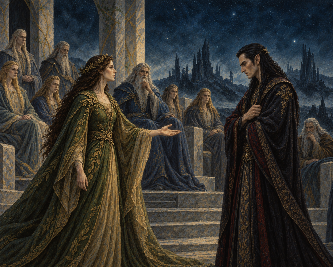 Yavanna appeals to Fëanor before the assembled Valar for the Silmarils, hoping to restore the poisoned Two Trees.