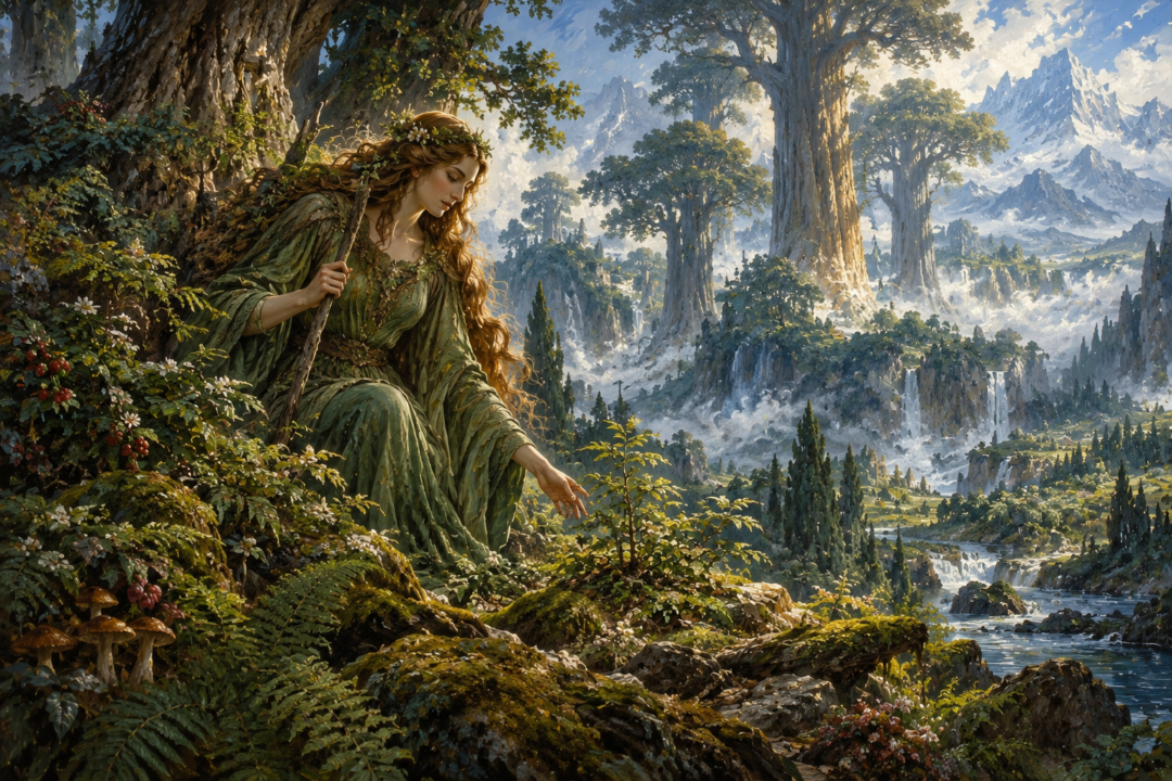 Yavanna Kementári among towering trees, moss, grasses and many forms of growing life in Arda.
