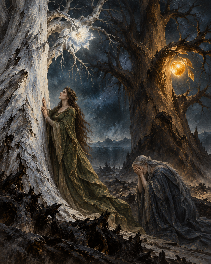 Yavanna and Nienna stand beneath the dying Two Trees as Telperion produces its final silver flower and Laurelin its last golden fruit.