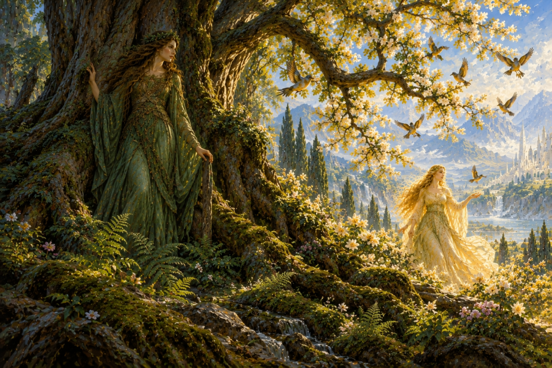 Yavanna beside an ancient rooted tree while flowers open and birds sing at Vána's approach.