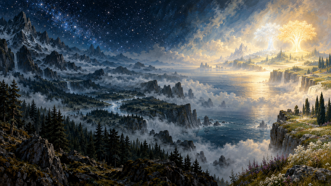 A sweeping view of starlit Middle-earth with distant mountains and forests, contrasted with a separate luminous landscape of Valinor beneath the Two Trees.